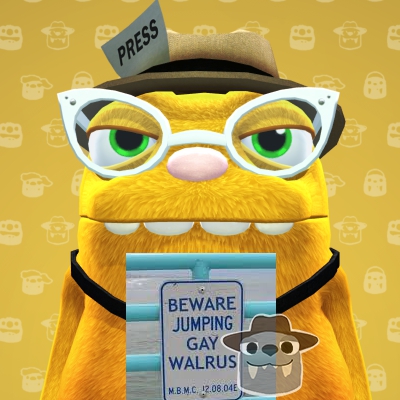 Clumby from Bugsnax wearing a sign that reads 'Beware Jumping Gay Walrus.' The sign has an overlay of the walrus-like face of Lizbert, another character from Bugsnax.